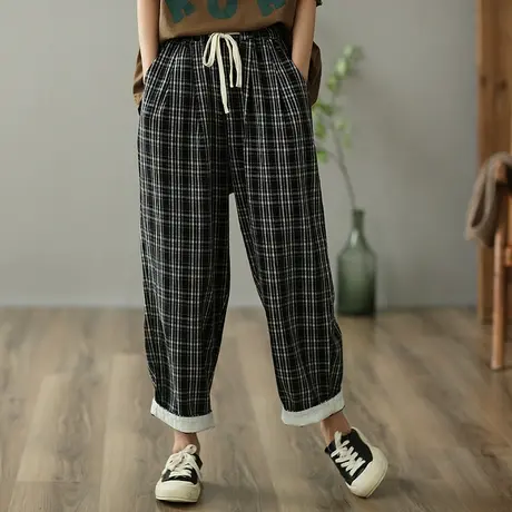 dza 高腰显瘦纯棉格子裤女士春季新款休闲阔腿裤百搭直筒裤哈伦裤图片
