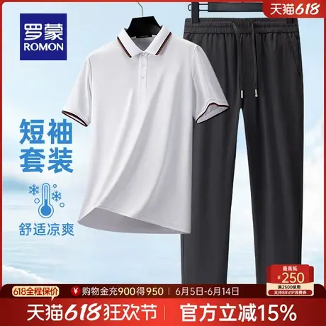 罗蒙男士休闲短袖POLO衫套装2025夏季薄款爸爸装弹力翻领T恤衫男商品大图