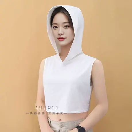 无袖连帽背心女坎肩短款帽衫带帽打底上衣棉图片