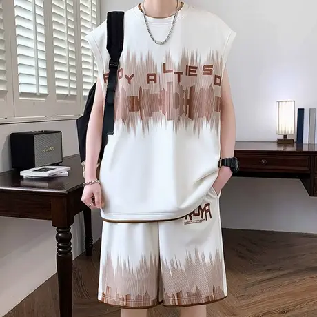 美式背心套装男夏季冰丝无袖t恤男装青少年休闲运动坎肩两件套潮商品大图