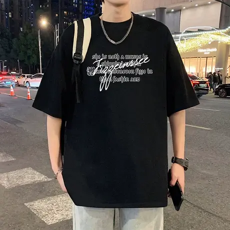 短袖T恤男夏季新款美式休闲体恤港风重磅纯棉宽松半袖大码上衣服商品大图