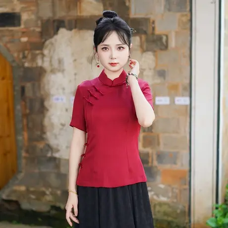 筠雅夏季新款红色复古改良中式唐装上衣女斜襟系扣短袖上衣25J229商品大图