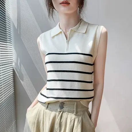 韩版POLO领拉链无袖针织衫女2025夏季新款条纹高级感修身显瘦上衣商品大图