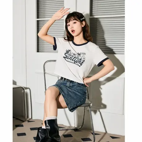 唐狮夏季撞色短袖T恤女新款美式甜辣小个子短上衣女设计感商品大图