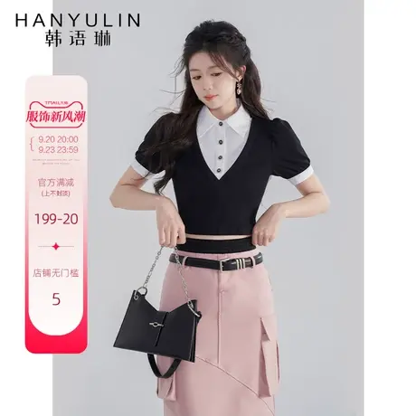 韩语琳假两件短袖T恤女夏季新款设计感小众修身显瘦短款针织上衣图片