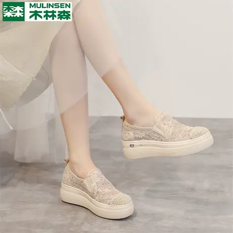 木林森厚底渔夫鞋女2025夏季新款仙女风轻便蕾丝一脚蹬帆布鞋女款图片