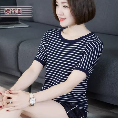 2023夏装圆领条纹大码胖MM中年妈妈短袖针织衫女装宽松蝙蝠袖上衣商品大图