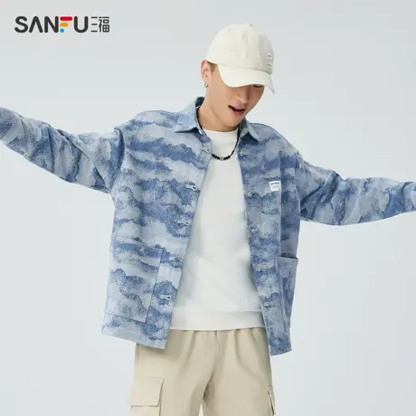 三福2023冬男士国风盘扣牛仔衬衫 宽松翻领纯棉上衣男476264商品大图