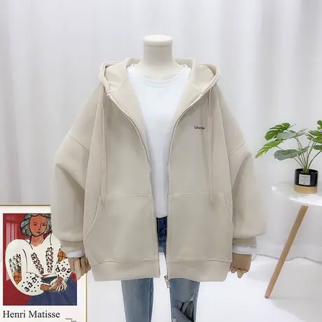 2022秋冬季加绒BF风连帽卫衣外套慵懒风字母口袋开衫22305潮 女士商品大图