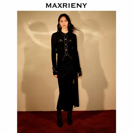 【奥莱】MAXRIENY复古感开叉丝绒半裙鱼尾抽褶包臀裙子商品大图