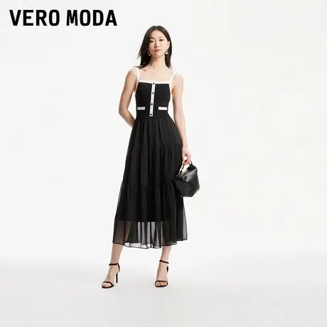 Vero Moda奥莱连衣裙夏季新款A摆拼接网纱气质修身吊带小黑裙子图片