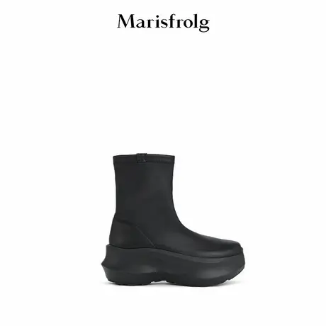 【弹力羊皮】Marisfrolg玛丝菲尔2025冬季新款黑色流线型厚底短靴商品大图