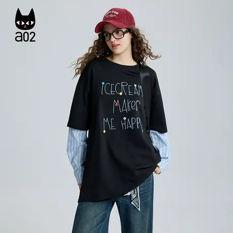 a02假两件宽松圆领长袖T恤女2025新款秋季条纹袖拼接设计感打底衫商品大图