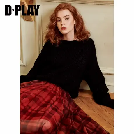 DPLAY德帕拉冬季欧美黑色圆领镂空绑带宽松套头毛衣气质针织衫商品大图