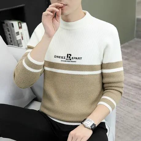 2025青少年学生拼接撞色毛衣男韩版潮流长袖针织衫字母印花毛线衣商品大图