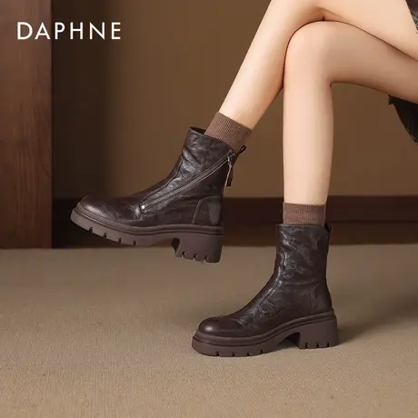 达芙妮厚底小短靴女秋冬2025新款英伦风瘦瘦靴厚底增高加绒马丁靴图片