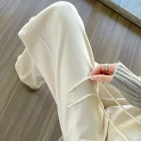 米白色阔腿裤女秋冬新款高腰垂感窄版毛呢宽松显瘦拖地休闲直筒裤商品大图