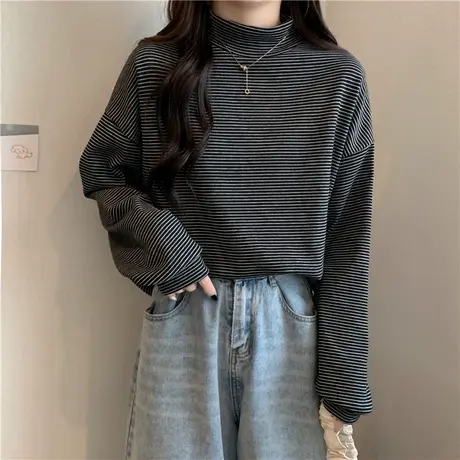 2023新款条纹内搭打底衫女秋冬韩版宽松加厚磨毛保暖长袖T恤上衣图片