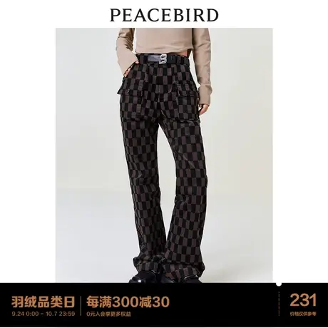 太平鸟棋盘格喇叭休闲裤女2023年冬季新款高腰宽松显瘦堆堆长裤子图片