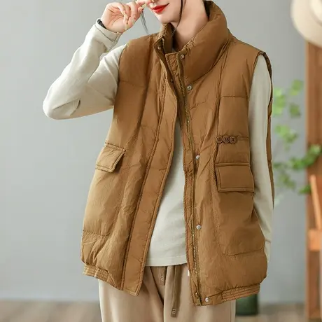 dza 复古立领羽绒马甲女秋冬新款宽松口袋上衣休闲拉链白鸭绒马夹图片