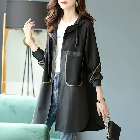 宝诗黎中长款夹克上衣2023新款黑色连帽拼接口袋长袖外套时尚秋装商品大图