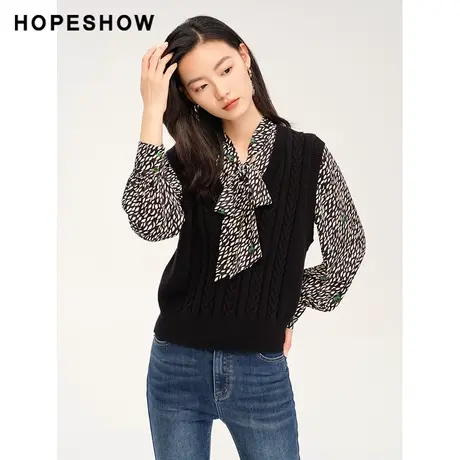 红袖outlets复古麻花纹套头针织衫hopeshow2023冬款打底背心马甲商品大图