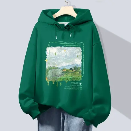 ZR真维斯连帽卫衣女2023新款春秋复古美式宽松百搭墨绿色显白外套图片