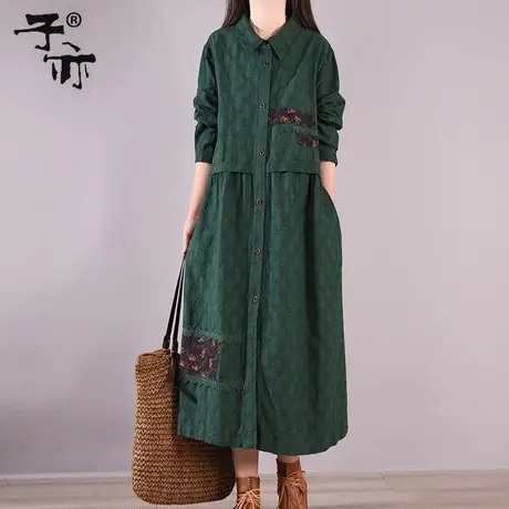 子亦春秋新款印花补丁复古长袖口袋长款大码衬衫连衣裙图片