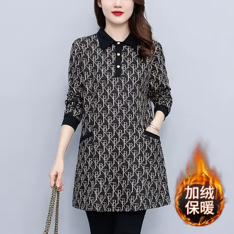 中年妈妈加绒加厚打底衫女中长款秋冬新款宽松加大码洋气保暖上衣商品大图
