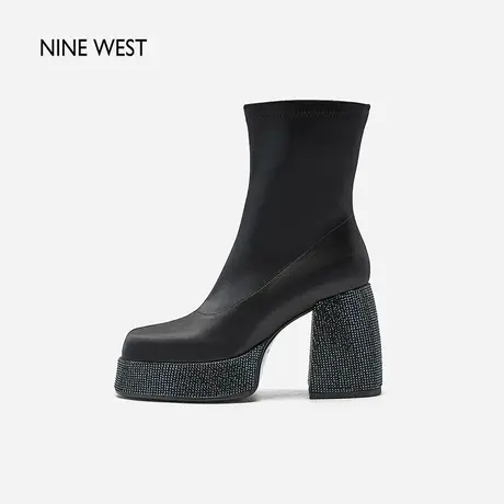 Nine West/玖熙防水台厚底酷飒短靴2023冬新款法式复古水钻高跟鞋商品大图