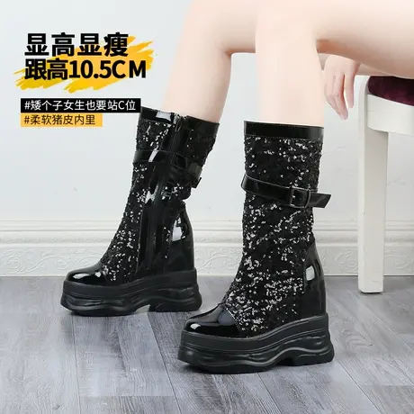 10cm内增高骑士靴女不过膝长靴春秋单靴黑色真皮厚底显瘦中筒靴子图片