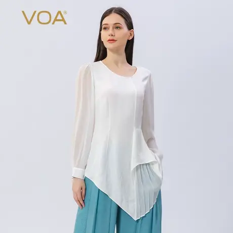 VOA40姆米重磅真丝双面乔圆领长袖不对称圆弧摆白色桑蚕丝T恤衫图片