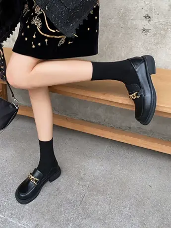 潮牌乐福鞋女秋季新款厚底英伦风复古小皮鞋黑色一脚蹬jk软底单鞋商品大图