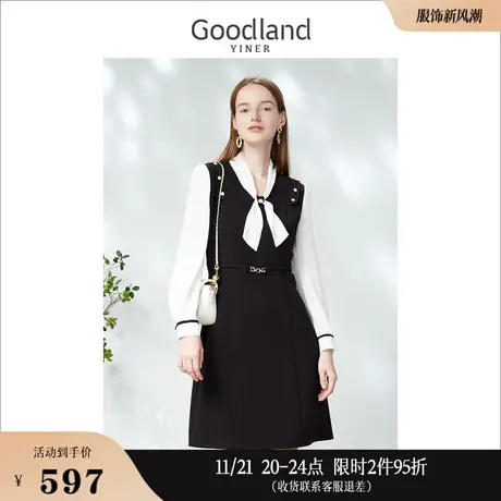 Goodland美地女装2023春季通勤气质飘带黑白撞色拼接连衣裙图片