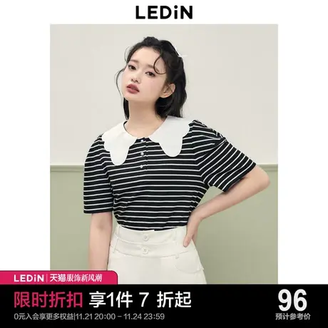 乐町娃娃领上衣甜美2023夏季新款女装黑白条纹大翻领宽松短袖T恤图片