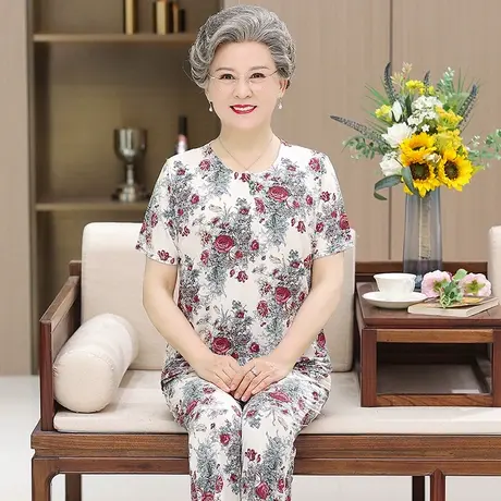妈妈夏装冰丝套装中老年人女装薄款短袖衣服60岁70碎花上衣奶奶装图片