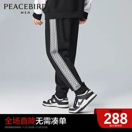 太平鸟男装奥莱老花织带拼接卫裤冬季时尚休闲男士宽松休闲长裤商品大图