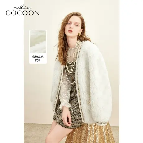 MISSCOCOON千金玛德琳2023冬装新款女银丝提花重工颗粒毛皮草外套商品大图