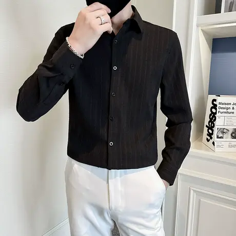 简约高级感长袖衬衫男2023秋季新款条纹衬衣痞帅休闲百搭寸衫上衣商品大图