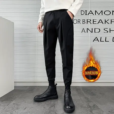 冬季男裤潮牌修身小脚西裤2023秋冬款加绒加厚个性工装束脚休闲裤商品大图