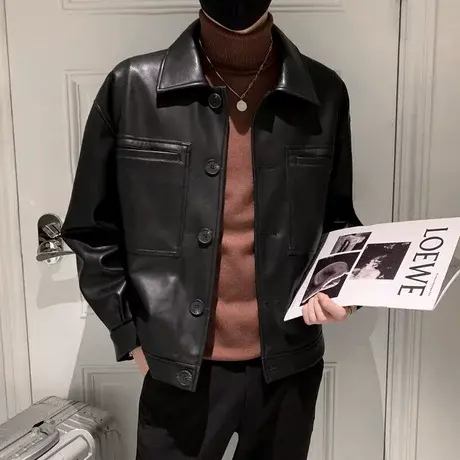 2024秋冬男皮衣修身时尚翻领简约工装帅气ins机车皮夹克纯色外套图片