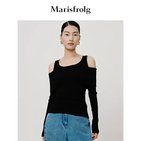 【商场同款】玛丝菲尔毛衣秋季新款黑色披肩式时尚修身针织衫女商品大图