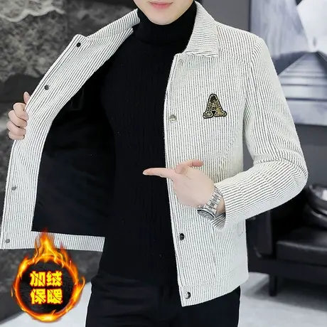 时尚条纹呢子夹克加绒加厚男士冬季金貂绒短风衣毛呢外套潮流保暖商品大图