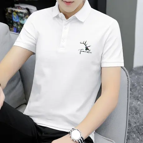 2023新款短袖polo衫鹿头翻领t恤男夏季冰丝凉感有领半袖白色体恤图片