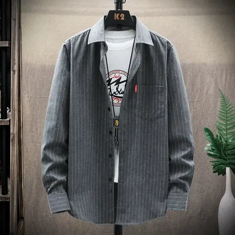 条纹长袖衬衫男春秋款翻领男士寸衫外套青少年休闲宽松简约衬衣服商品大图