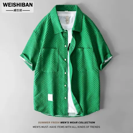 潮牌休闲薄款短袖衬衣男泡泡纱华夫格空调衫夏季运动防晒沙滩套装商品大图