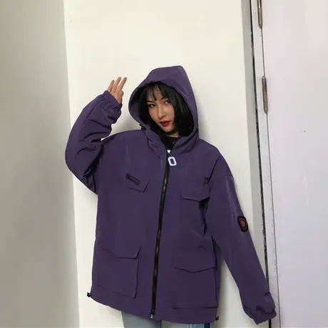 棒球服女bf新款韩版学院风宽松工装原宿风学生连帽口袋夹克短外套商品大图