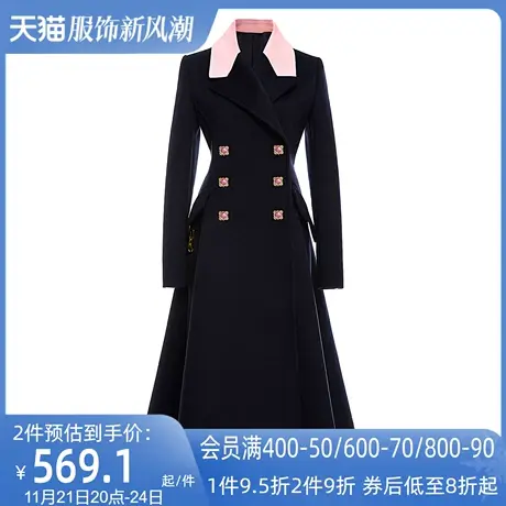 AUI黑色气质双排扣西装毛呢外套女冬2023新款高级感修身呢子大衣图片