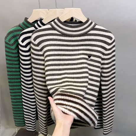 加绒半高领毛衣女一体绒加厚内搭打底衫2023秋冬新款条纹针织上衣商品大图