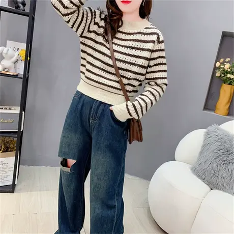 2023早秋新款复古百搭条纹圆领毛衣女上衣时尚长袖短款针织打底衫商品大图